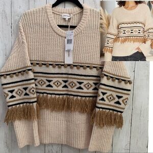 Driftwood sweater chunky knit fringe cozy Aztec western slouchy hippie XL NWT